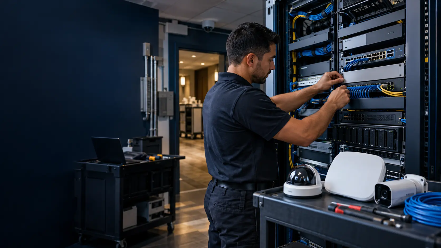 Technician upgrading equipment in an operational hotel network room