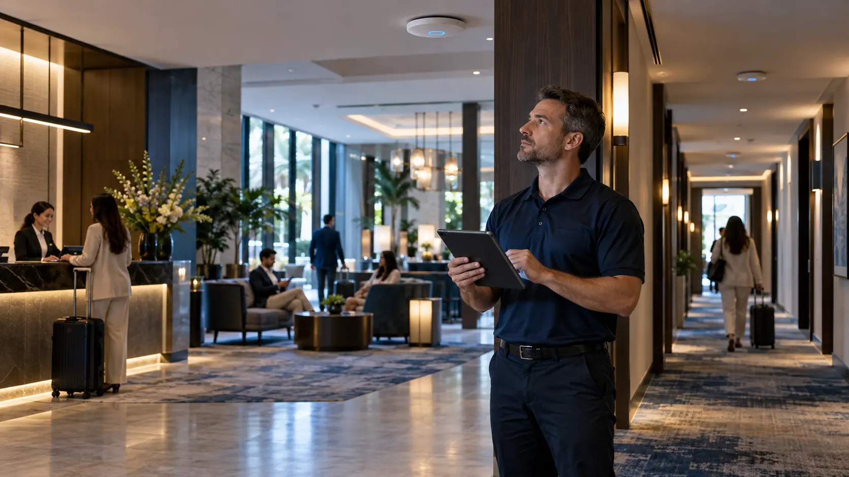 Network technician measuring Wi-Fi performance in a modern hotel lobby