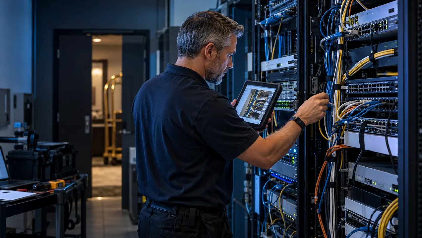 Senior network technician auditing and documenting an existing hotel network rack