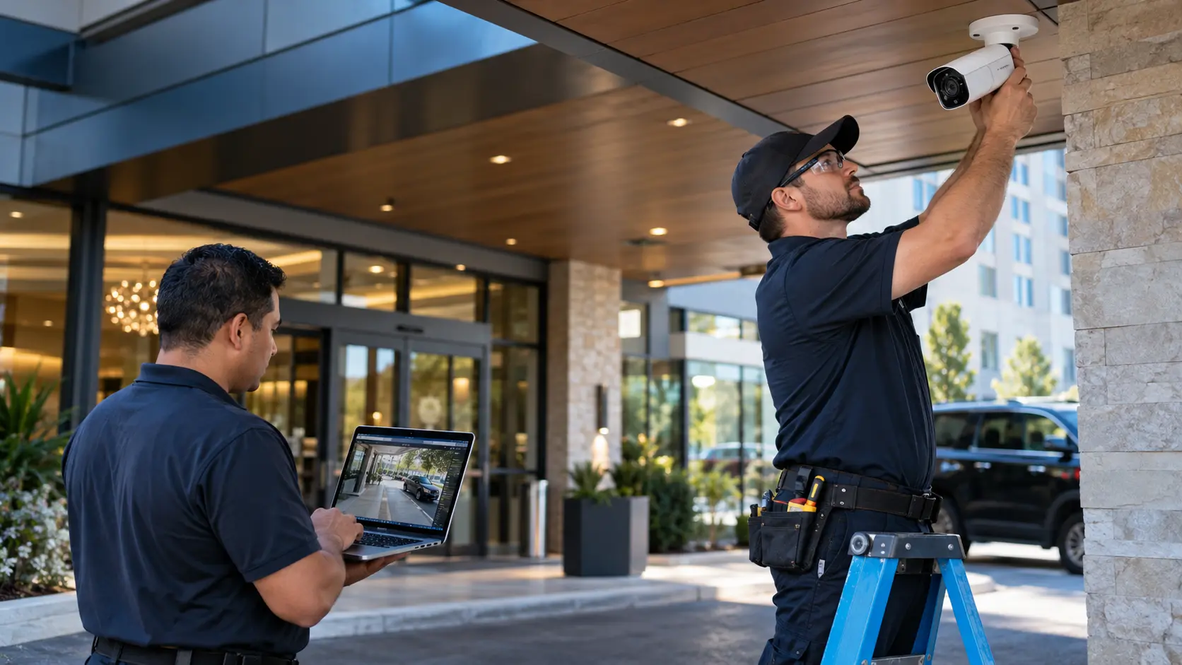 Technicians installing and checking a security camera at a hotel entrance