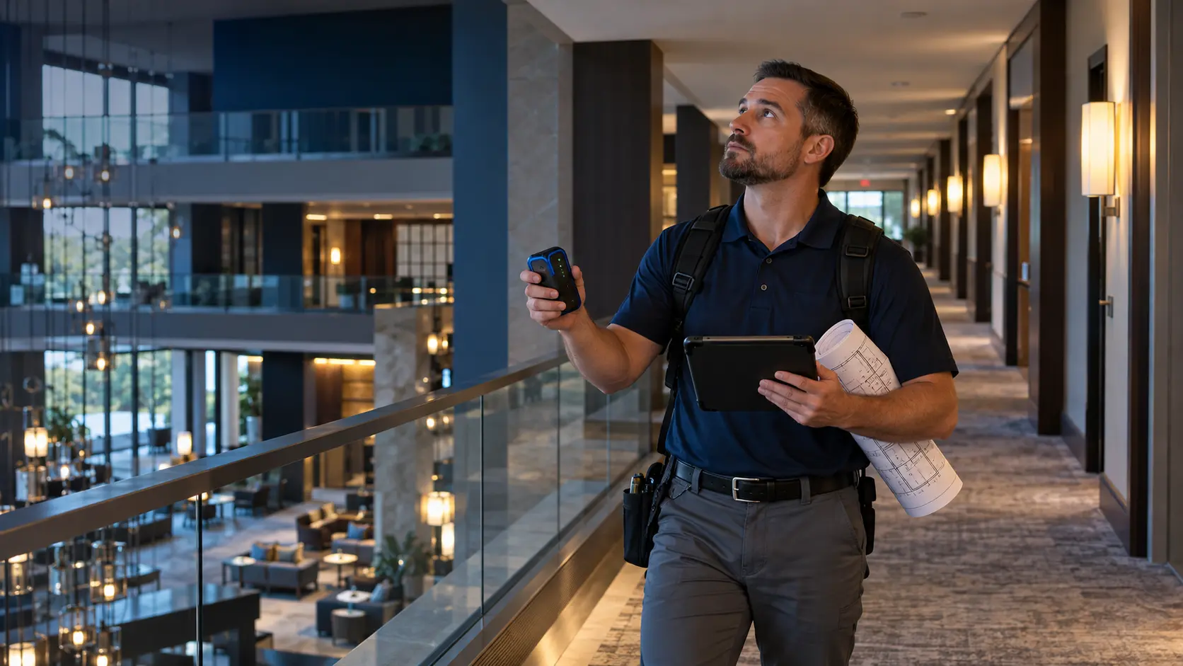 Field engineer documenting a technology site survey in a hotel