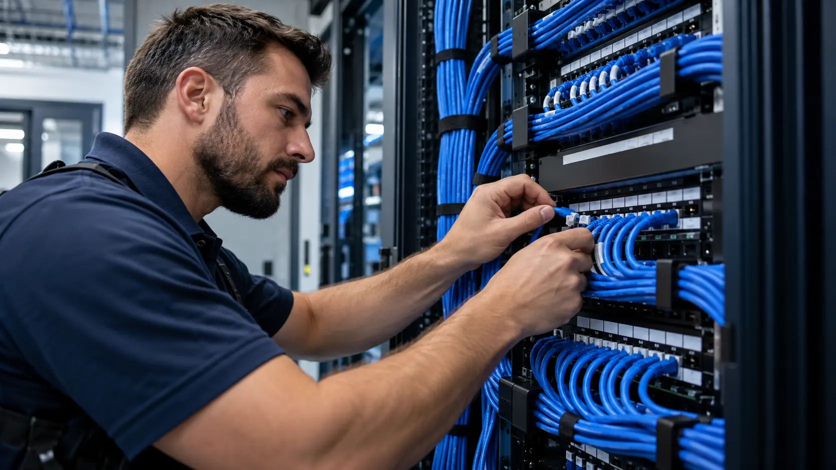 Low-voltage technician organizing and terminating blue network cabling in a hotel network room