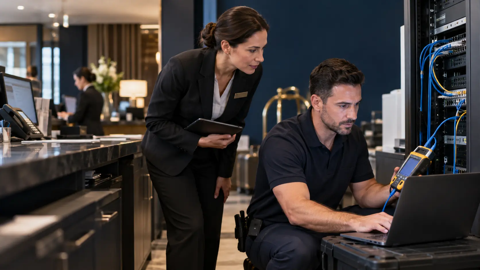 Field technician troubleshooting a live network issue with a hotel property manager