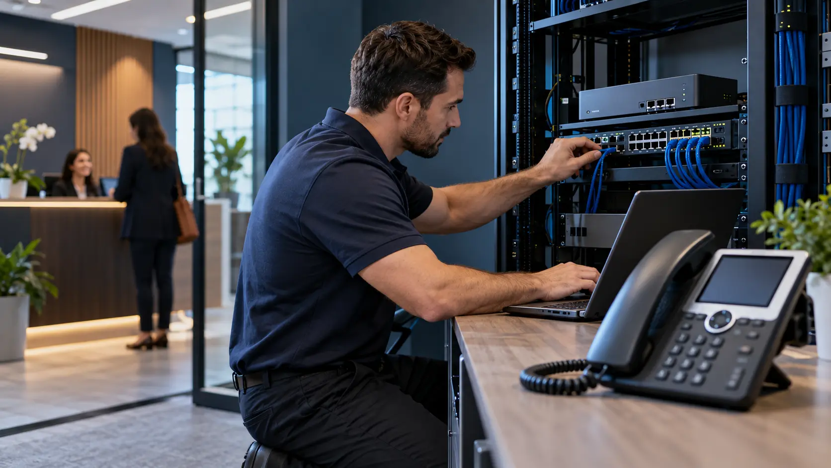 Communications technician configuring a business VoIP phone system and network equipment
