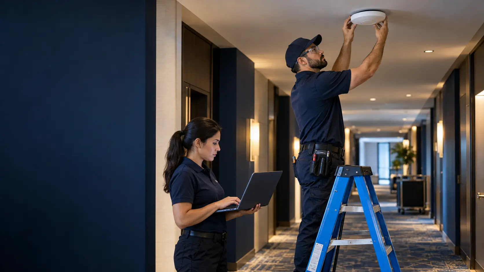 Technicians installing and testing a wireless access point in a hotel corridor
